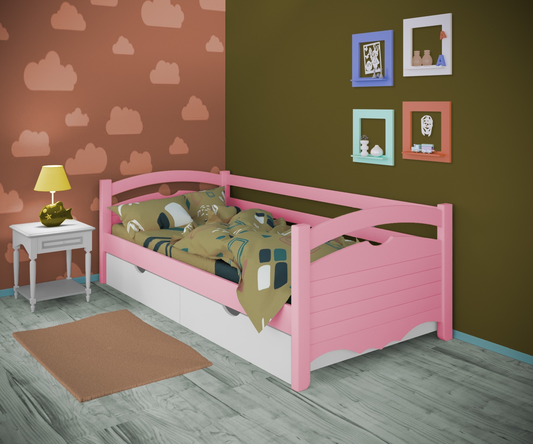 

Кровать односпальная тахта RainbowDream Фирина 80х200 см розовый массив ольхи, с ящиками