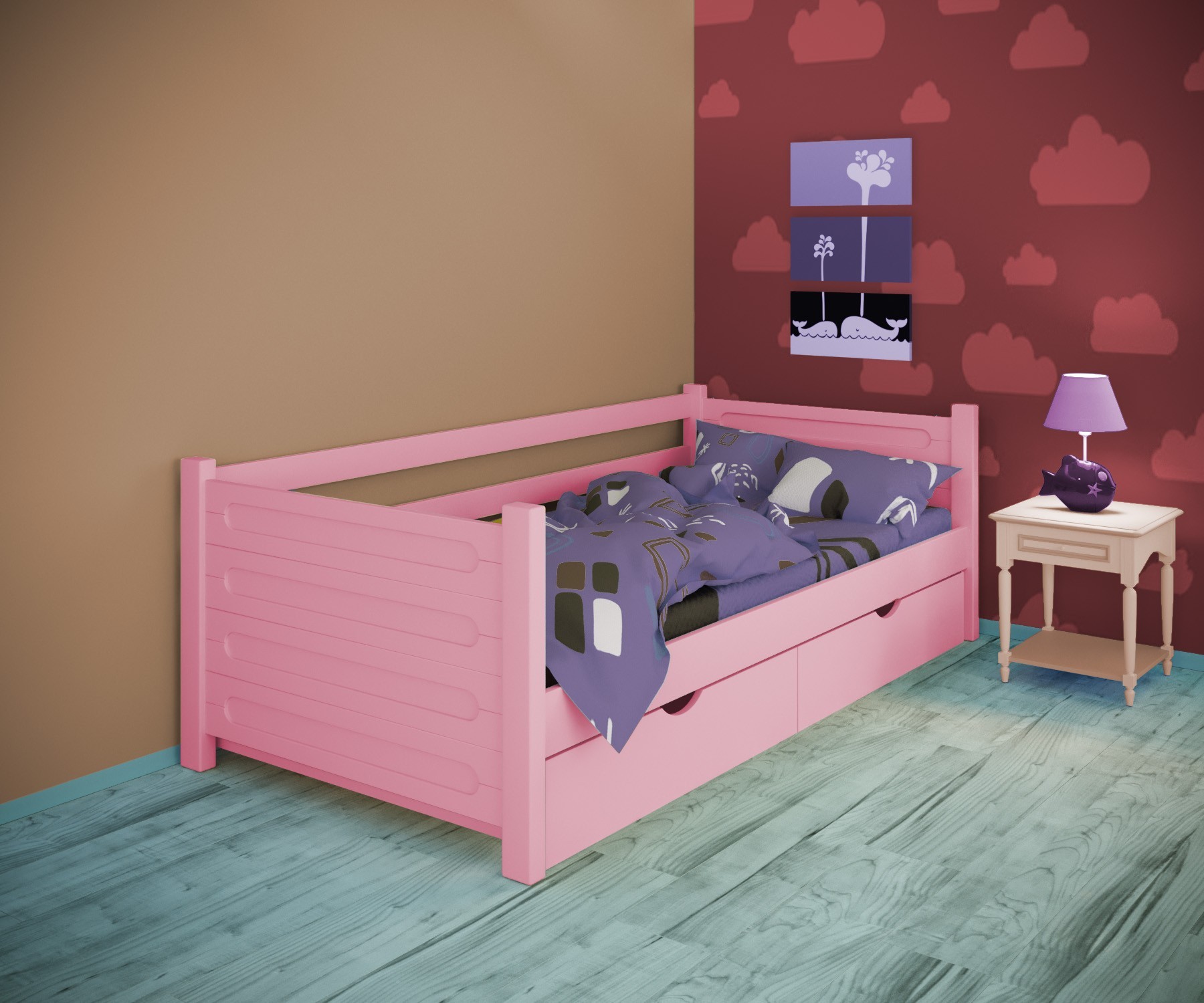 

Кровать односпальная тахта RainbowDream Йокка 90х190 см розовый массив ольхи, с ящиками