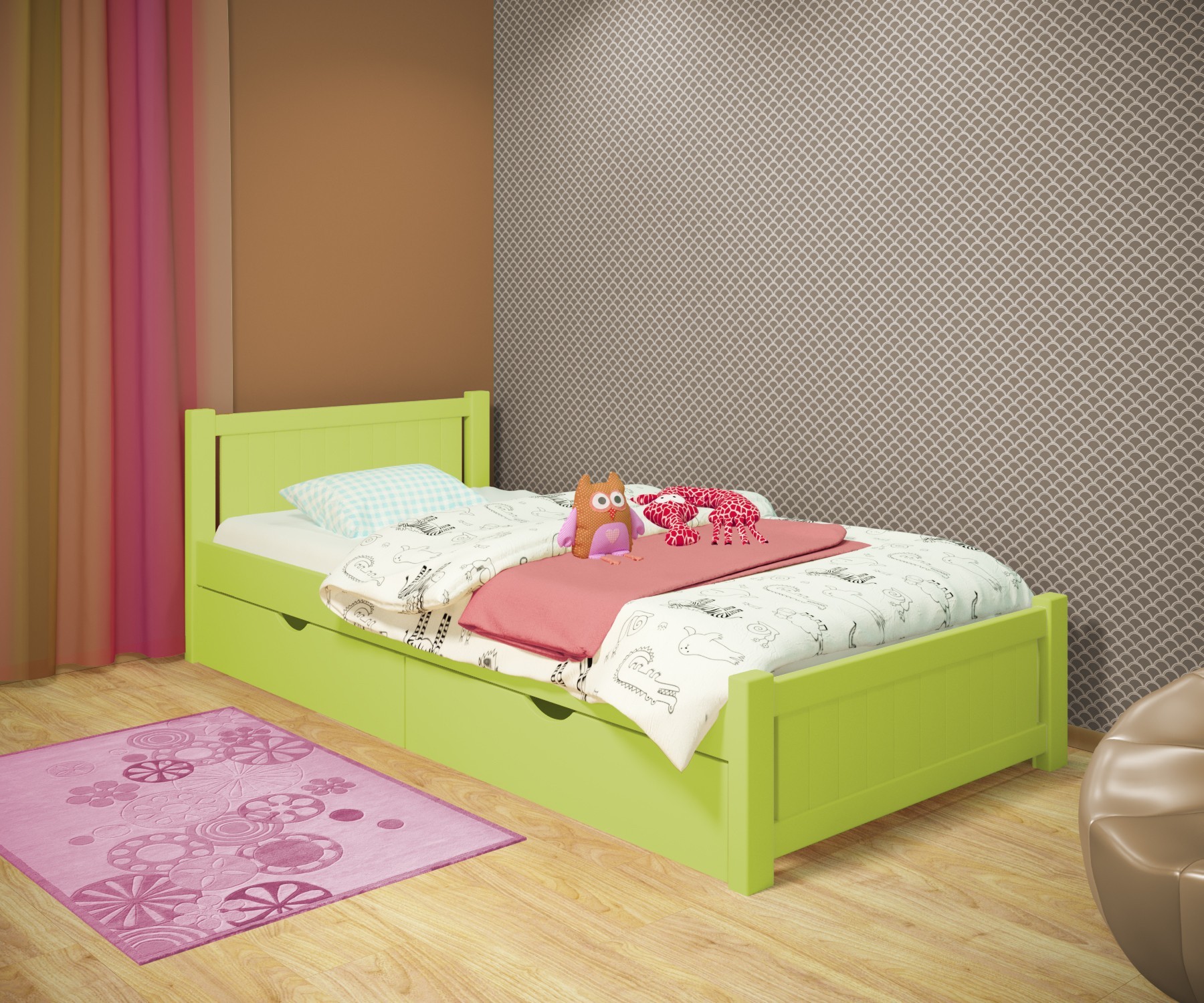 

Кровать односпальная RainbowDream Лимонти 90х190 см зеленый массив ольхи, с ящиками