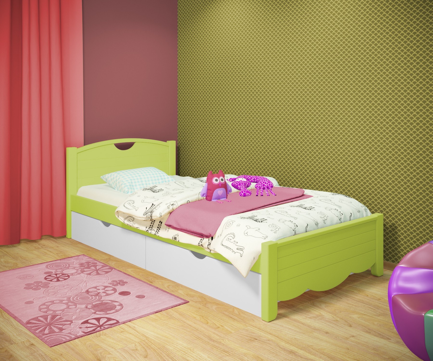 

Кровать односпальная RainbowDream Белла 70х140 см зеленый массив ольхи, с ящиками
