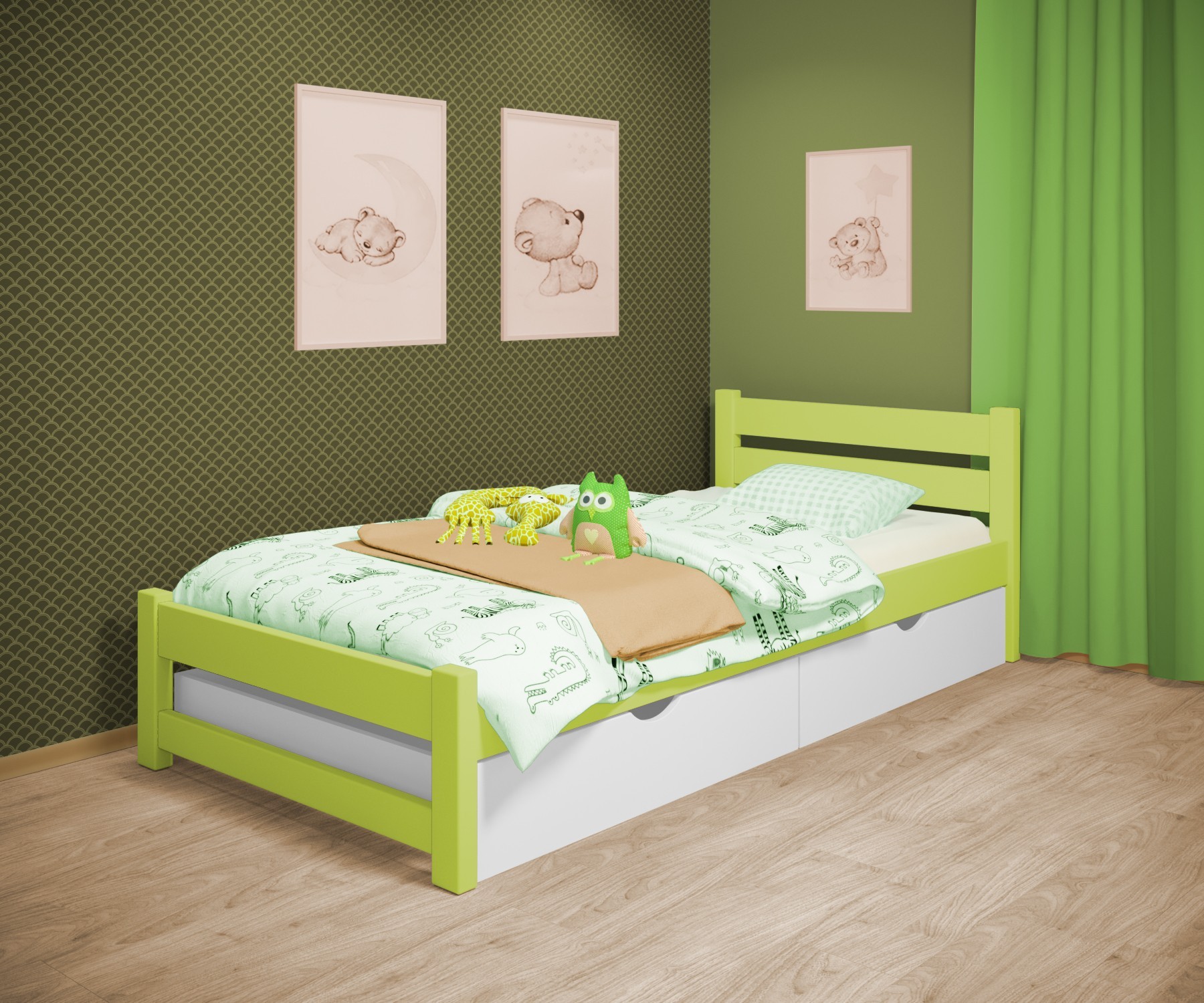 

Кровать односпальная RainbowDream Мартино 80х180 см зеленый массив ольхи, с ящиками