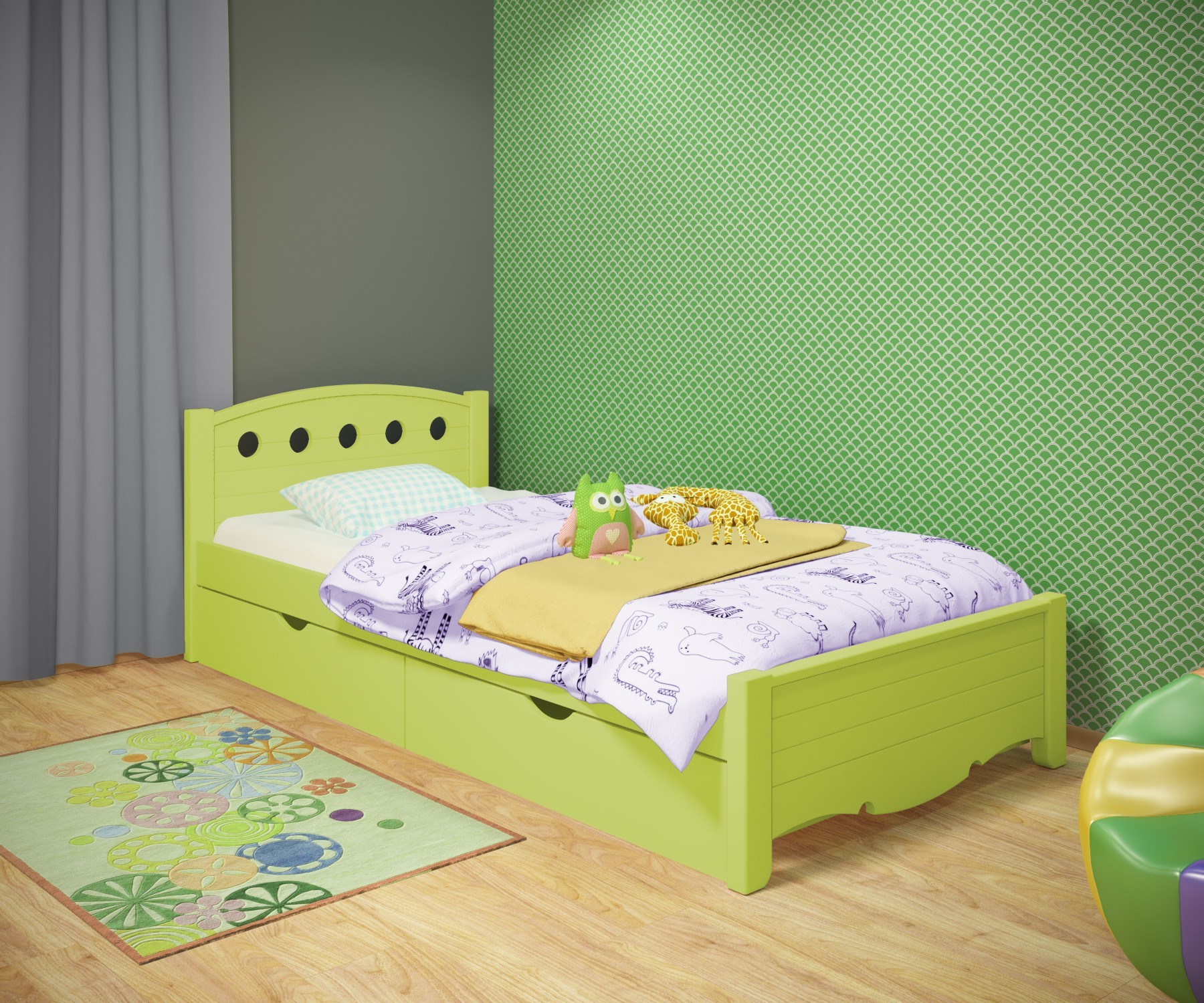 

Кровать односпальная RainbowDream Анри 120х200 см зеленый массив ольхи, с ящиками