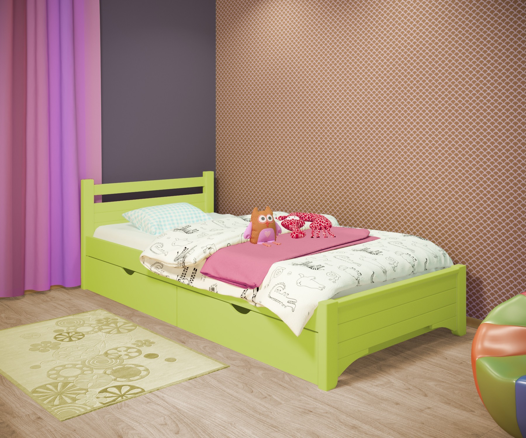 

Кровать односпальная RainbowDream Дюпон 70х140 см зеленый массив ольхи, с ящиками