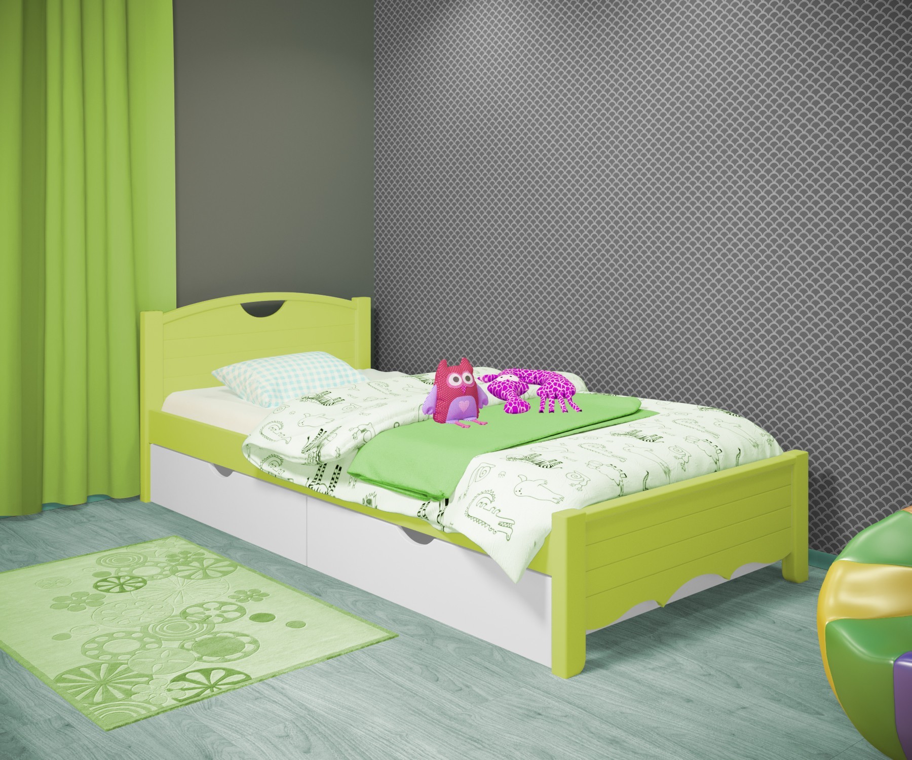 

Кровать односпальная RainbowDream Дженни 90х190 см зеленый массив ольхи, с ящиками