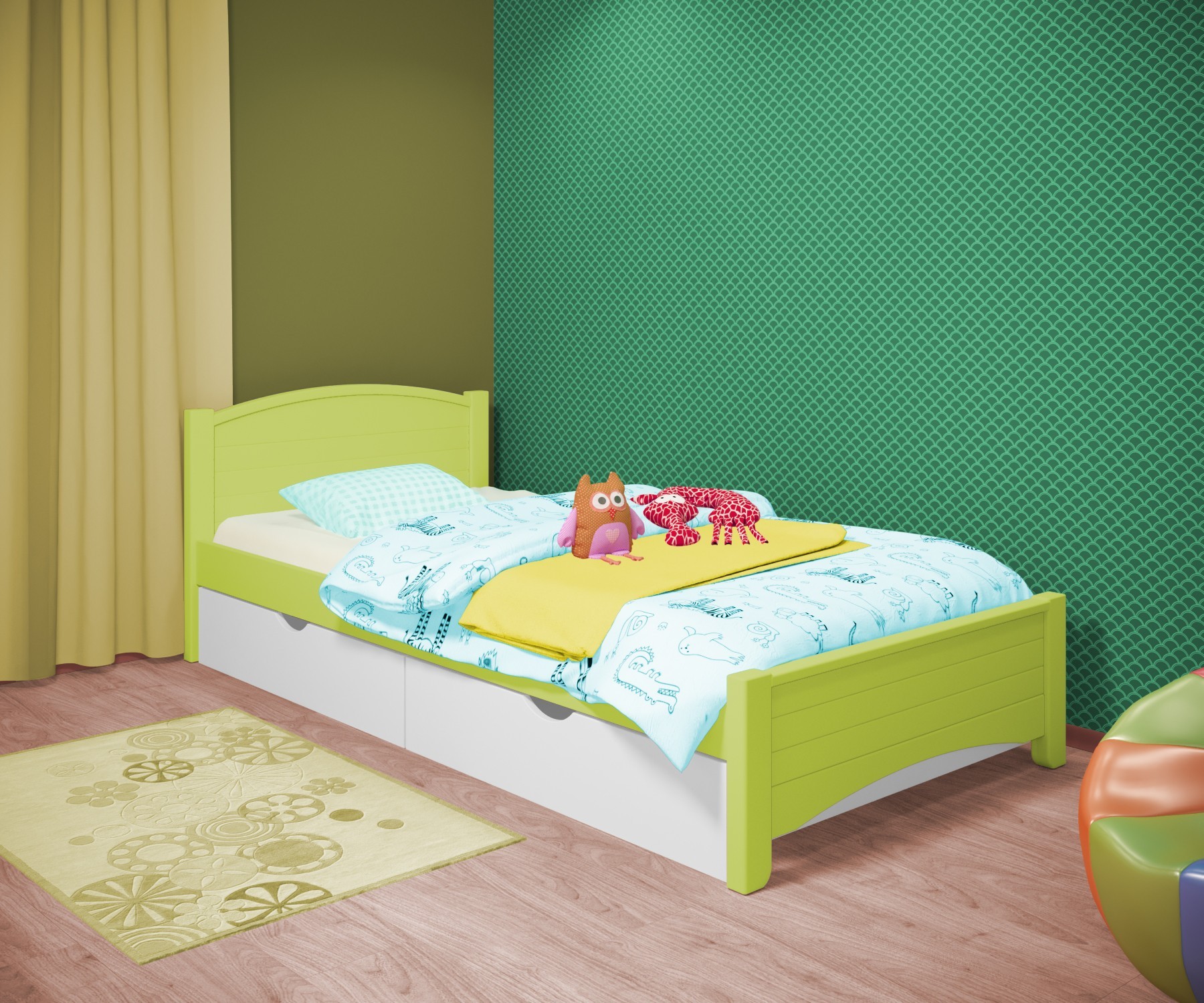 

Кровать односпальная RainbowDream Доминика 80х160 см зеленый массив ольхи, с ящиками