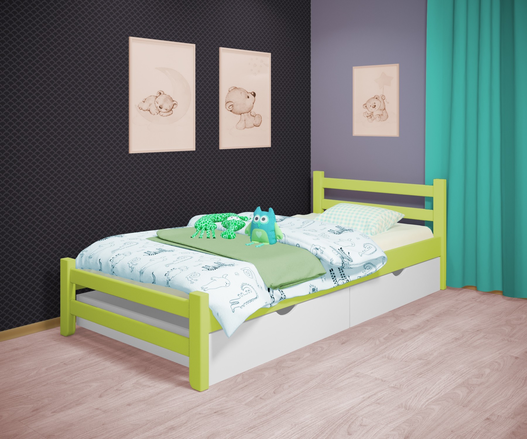 

Кровать односпальная RainbowDream Томас 90х200 см зеленый массив ольхи, с ящиками