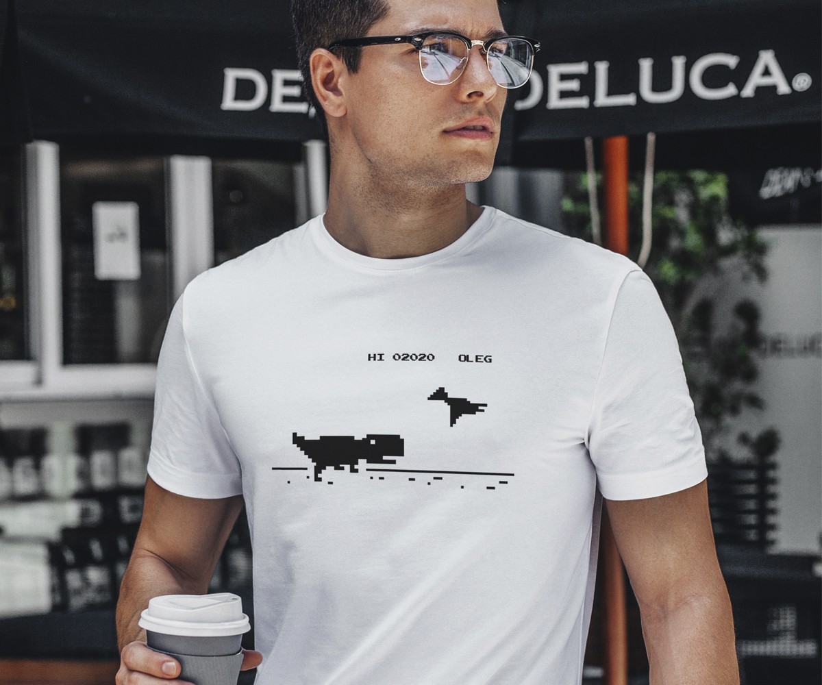 

​Футболка мужская белая с принтом "Google T-Rex - Run", размер XXL. TM WallZoo