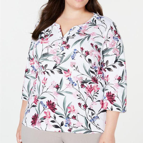 

Женская блуза с длинным рукавом больших размеров Karen Scott Plus Size Printed 3/4-Sleeve Henley Top 1X