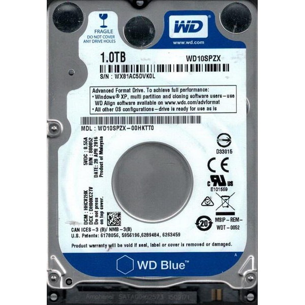 

HDD 2.5" SATA 1.0TB WD Blue 5400rpm 128MB (WD10SPZX)