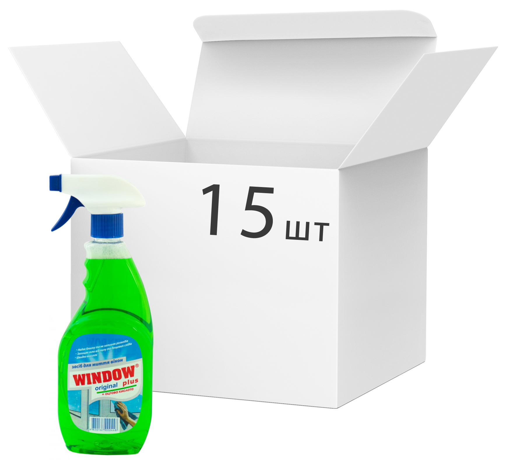 Акція на Упаковка средства для мытья окон Window Plus Зеленый (на основе уксусной кислоты) с распылителем 500 мл х 15 шт (4820167000448) від Rozetka UA