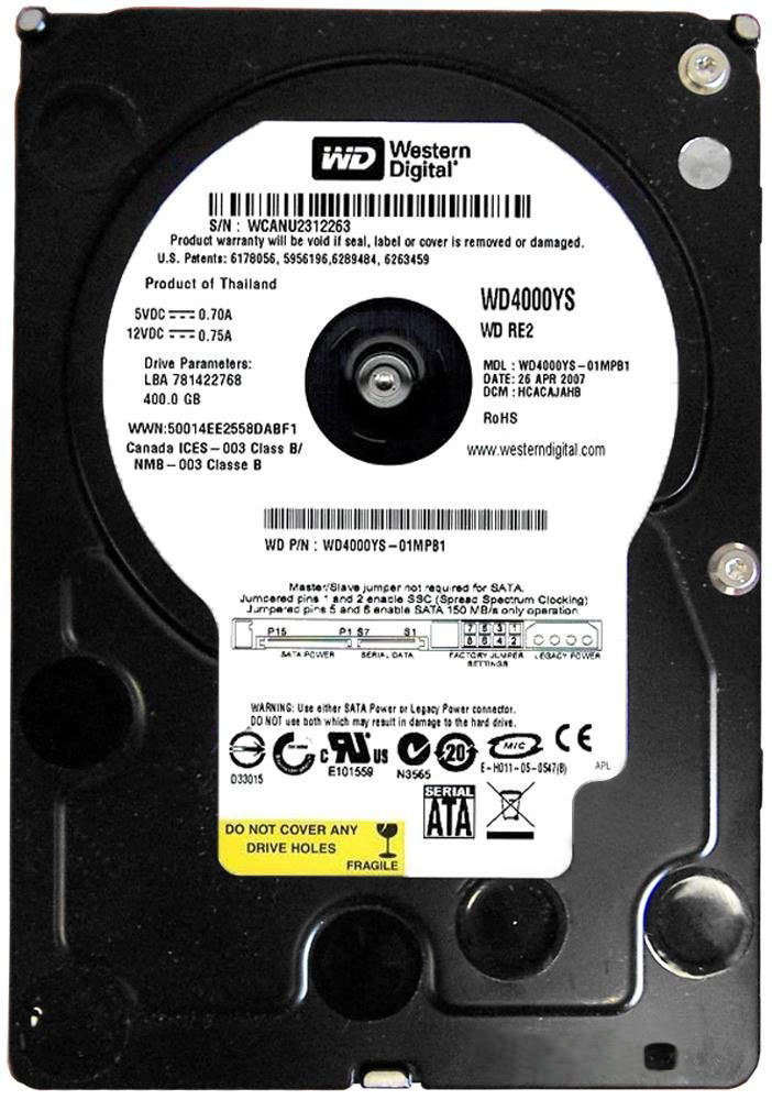 

Накопитель HDD SATA 400GB WD 7200prm 16MB (WD4000YS)
