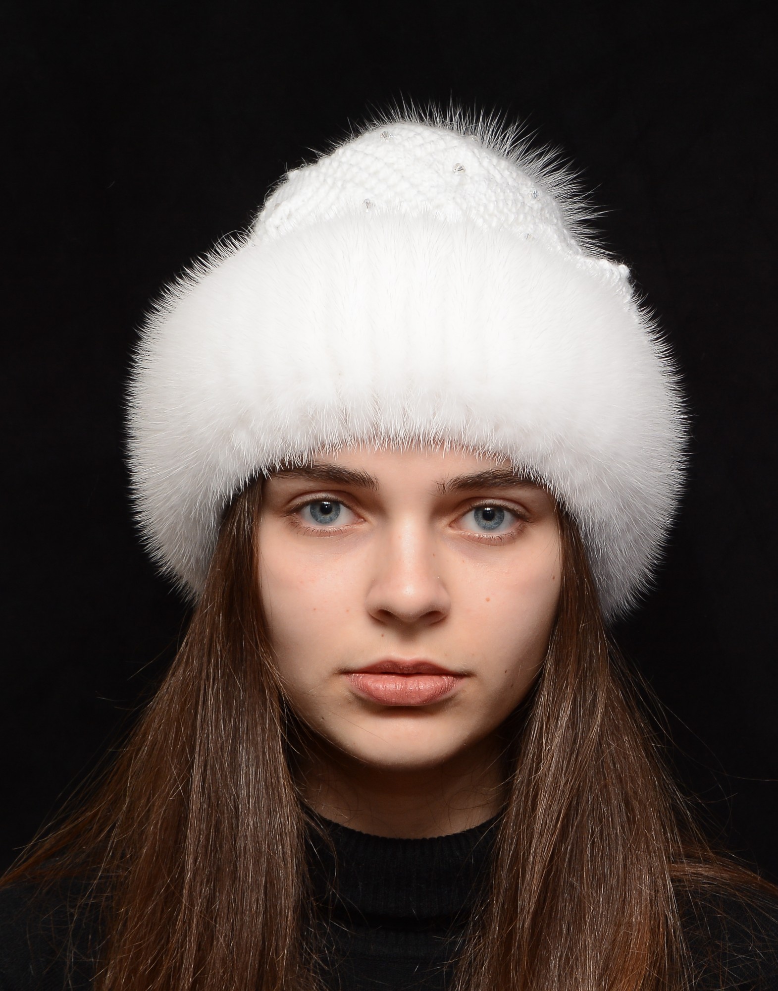 

Шапка норковая вязаная Меховой Стиль Ажур 54-60 Белый (128/Q)