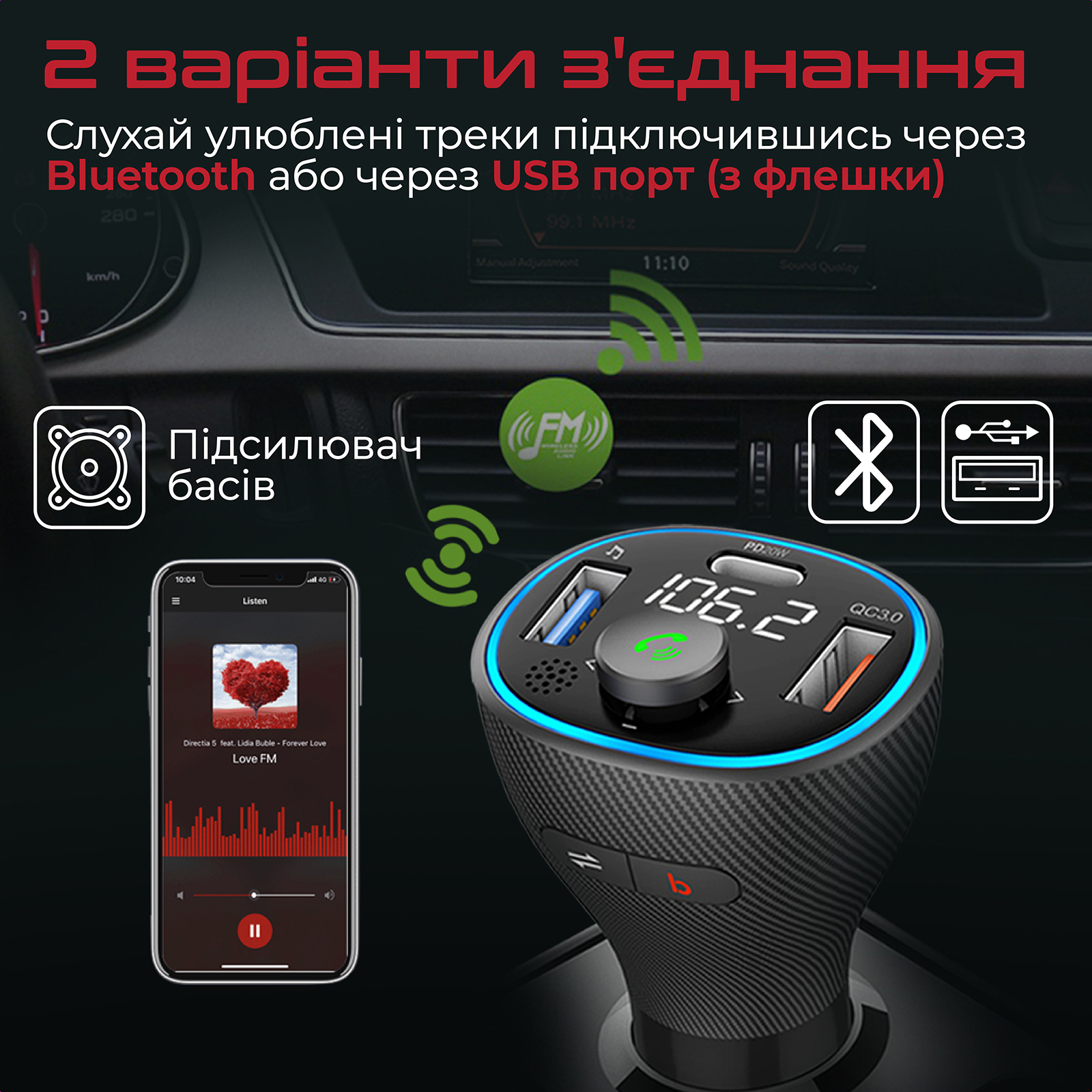 FM-трансмиттер Promate PowerTune-38W USB-A OTG/USB-A QC3.0/USB-C PD Black  (powertune-38w.black) – отзывы покупателей | ROZETKA