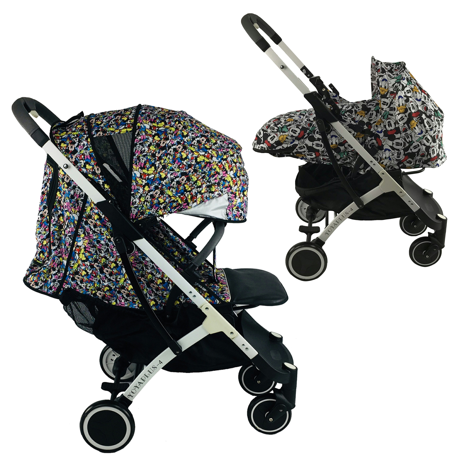 

Коляска Yoya Plus-4-2021 2в1 на молнии с Большим дождевиком и Хипситом Disney mix с люлькой дисней на белой раме