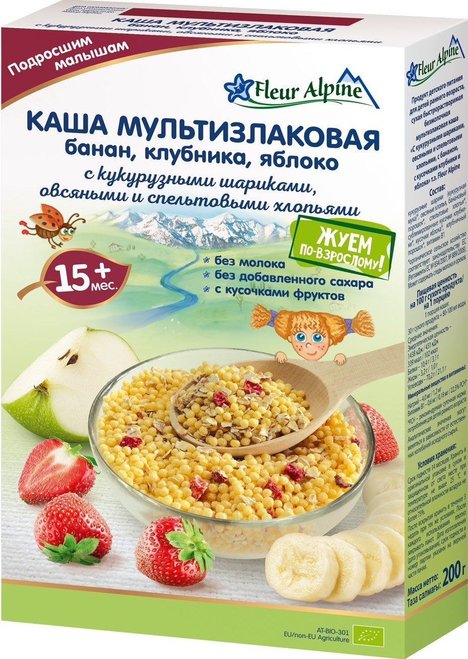 Безмолочная Мультизлаковая органическая каша Fleur Alpine с бананом, с ...