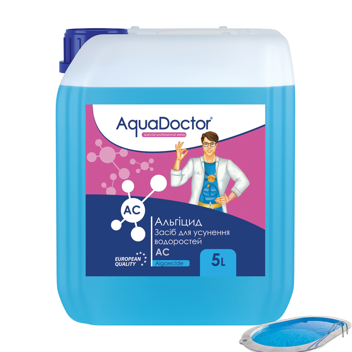 

Альгицид для бассейна 5 литров AquaDoctor AC Аквадоктор. От водорослей и зеленения бассейна. Канистра