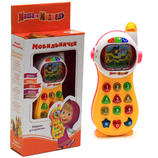 

Музыкальный развивающий телефон Limo Toy "Маша и медведь" Интерактивный на русском языке изучение букв, цифр, фигур, цветов 21 х 8 х 5 см Бело синий (MM-701)