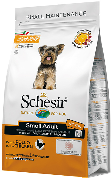 

Сухой монопротеиновый корм Schesir Dog Small Adult Chicken для взрослых собак малых пород с курицей 800 г