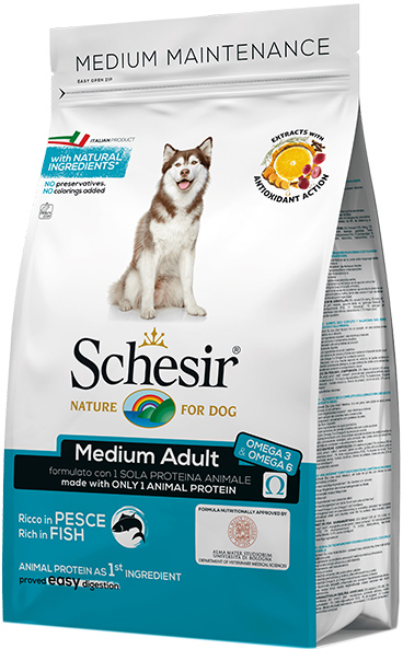 

Сухой монопротеиновый корм Schesir Dog Medium Adult Fish для взрослых собак средних пород с рыбой 12 кг (8005852161086)