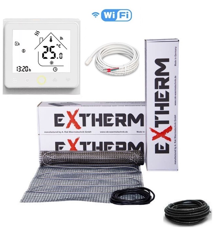 

Теплый пол EXTHERM нагревательный двухжильный мат под плитку ЕТ ЕСО 450 Ват 2.5 м² в комплекте с сенсорным WiFi терморегулятором