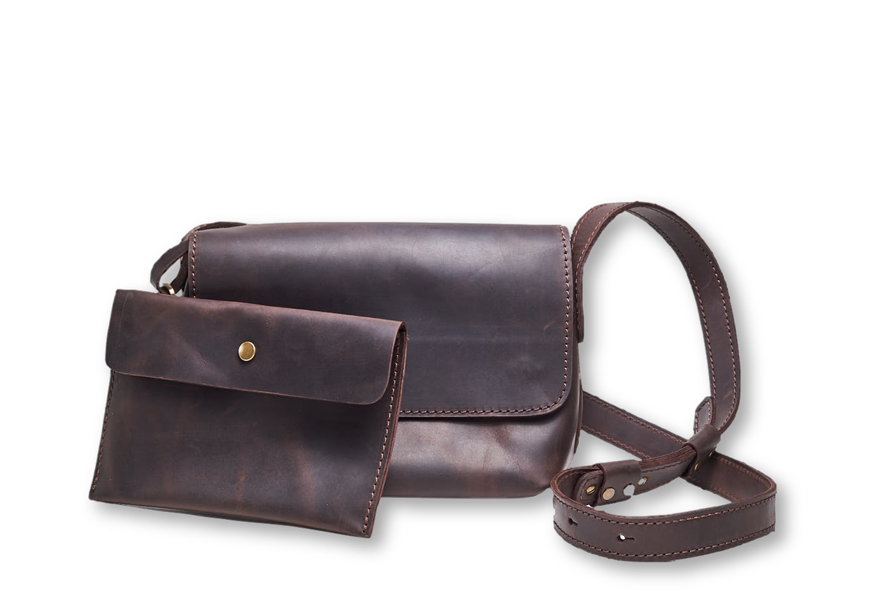 

Кожаная сумка кросс-боди «Cross Brown» женская коричневая (25x19 см) с косметичкой ручной работы от pan Krepko (pk-CrossBrown-CH)