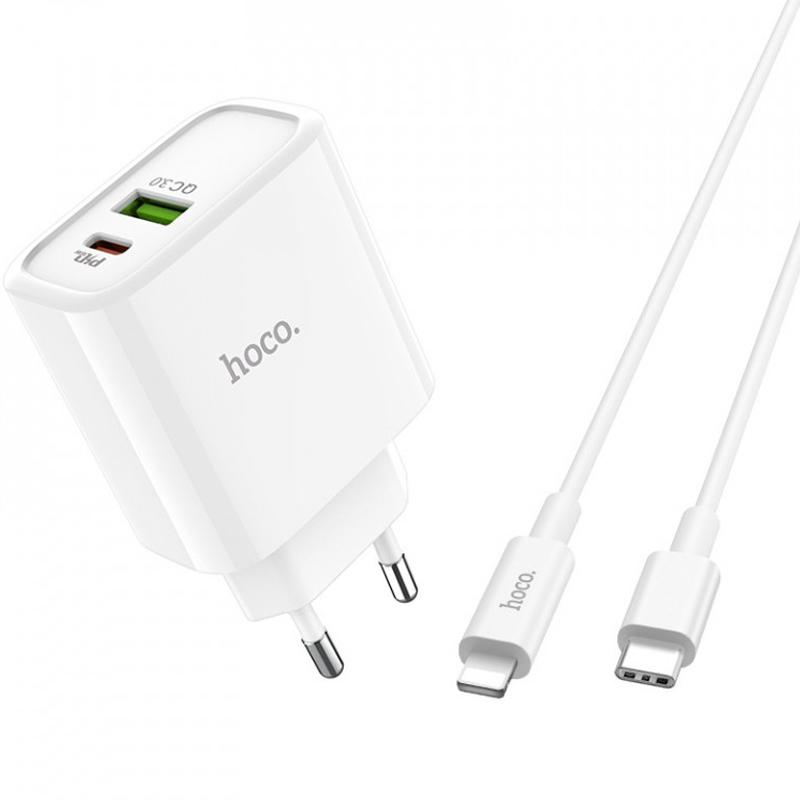 

СЗУ 1USB Hoco C80A +Type-C QC3.0 White + Cable Type-C to iPhone X (3.1A)