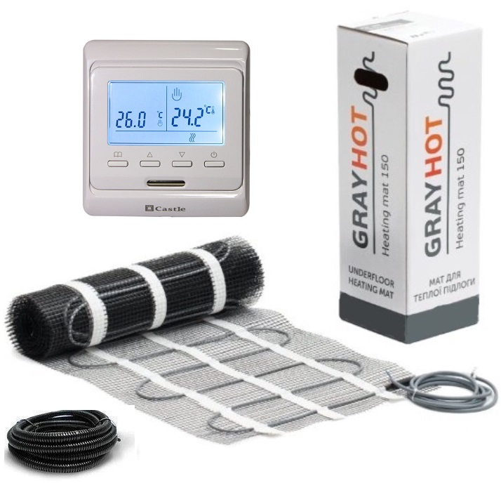 

Теплый пол Grayhot нагревательный двухжильный мат 886Вт 5,9м2 в комплекте с программируемым терморегулятором Castle и датчиком температуры пола