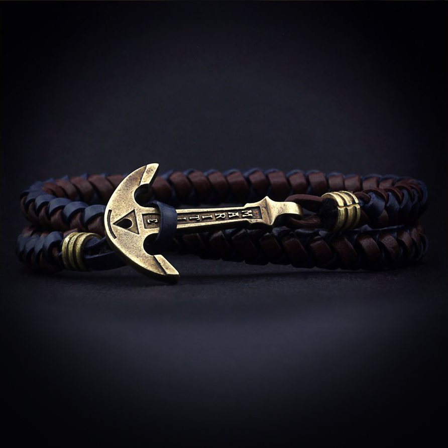 

Кожаный плетёный браслет с Якорем ANTIQUE "Ocean Spirit" Коричневый с синим