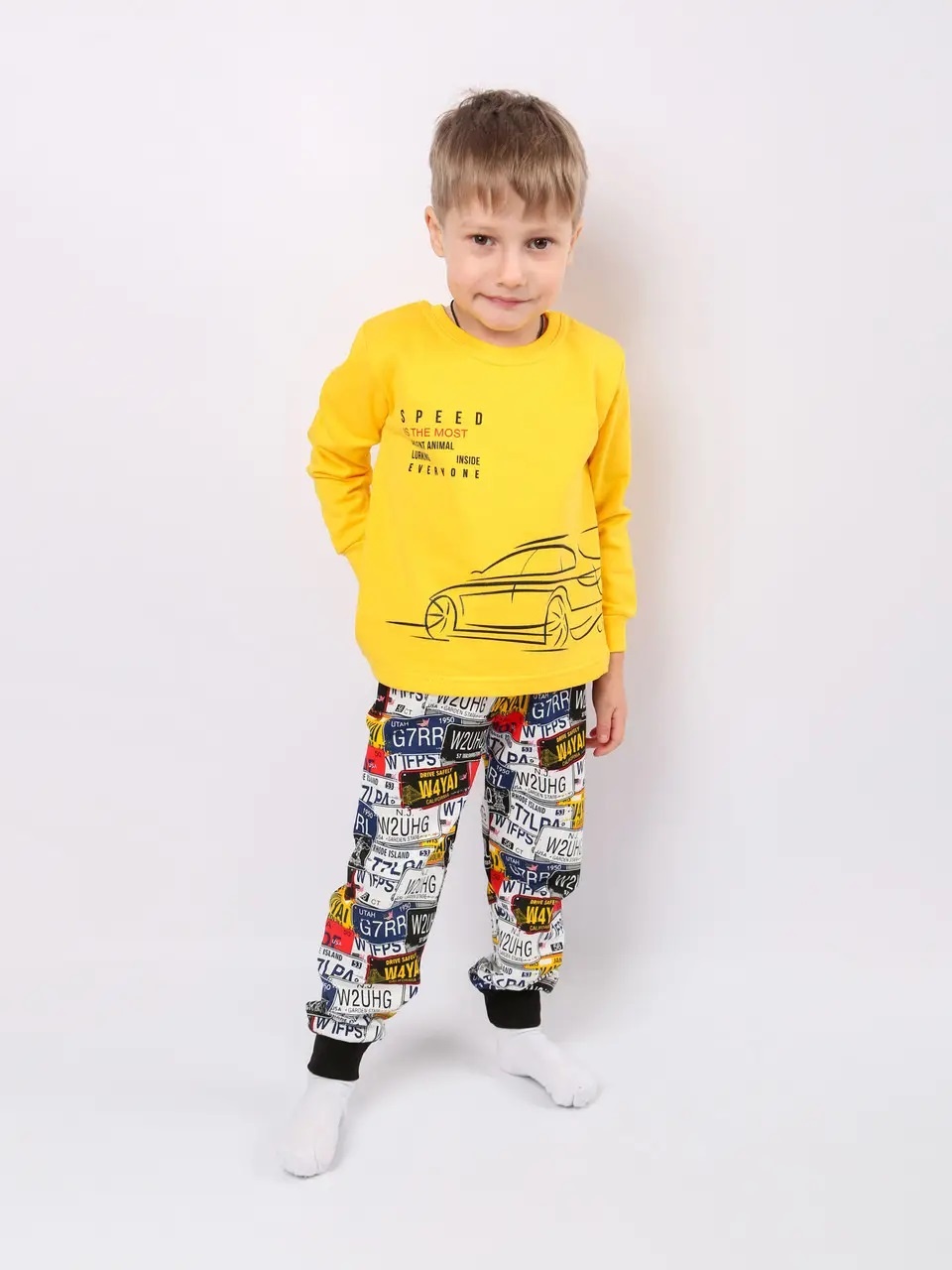 Акция на Піжама дитяча утеплена (футболка з довгими рукавами + штани) Фламінго 329-057 134 см Жовта от Rozetka