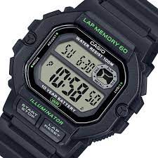 Мужские наручные часы CASIO WS-1400H-1A Черные с зеленым с ЖК-дисплеем ...