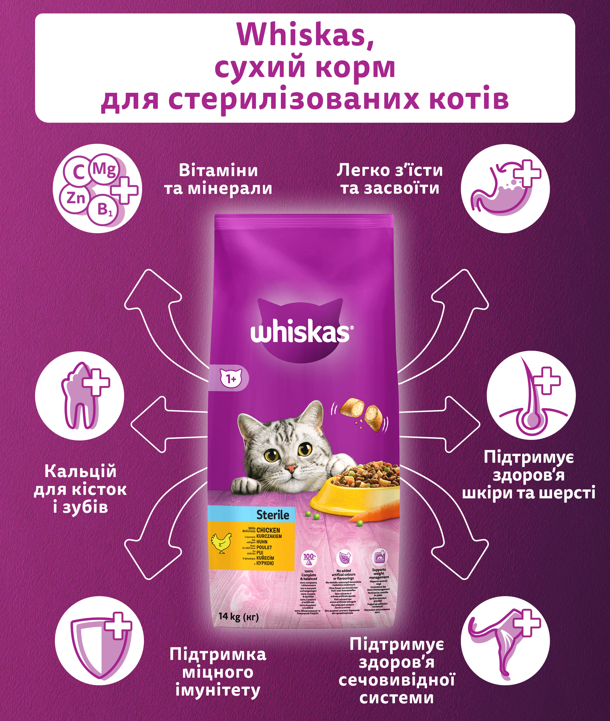 Сухой корм для стерилизованных кошек Whiskas с курицей 14 кг  (5900951259418) – в интернет-магазине ROZETKA | Купить в Украине: Киеве,  Харькове, Днепре, Одессе, Запорожье, Львове