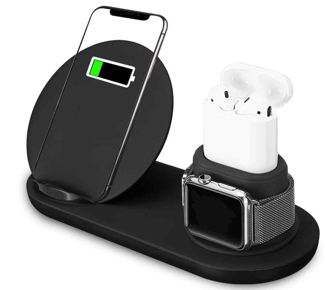 

Беспроводное зарядное устройство FAST CHARGE 3in1 5660 + подставка для iPhone/Apple Watch/Airpods Черная