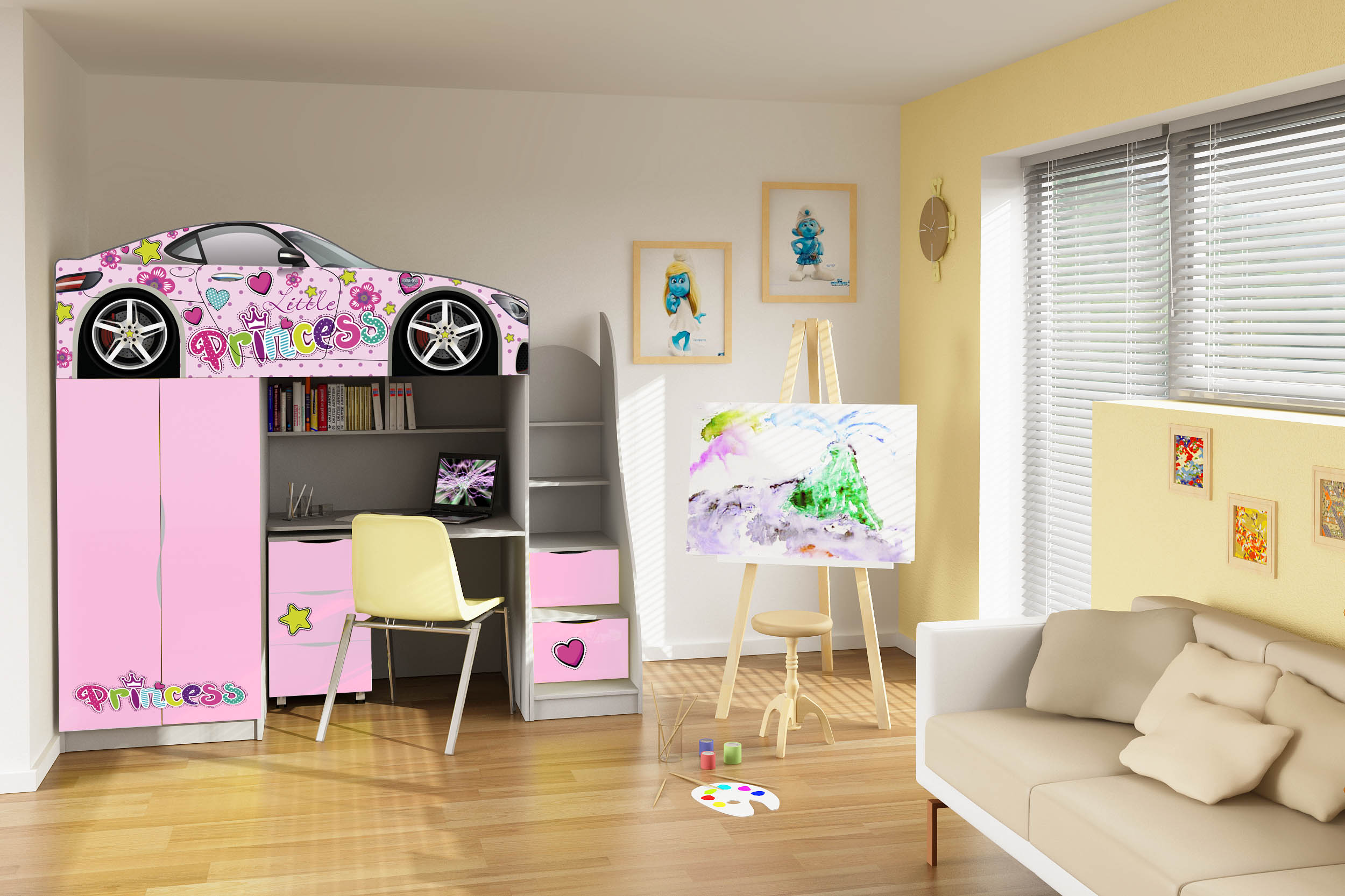 

Кровать-комната № 1 BR E-7 с тумбой-комодом 80х170 из ДСП розовый Viorina-Deko