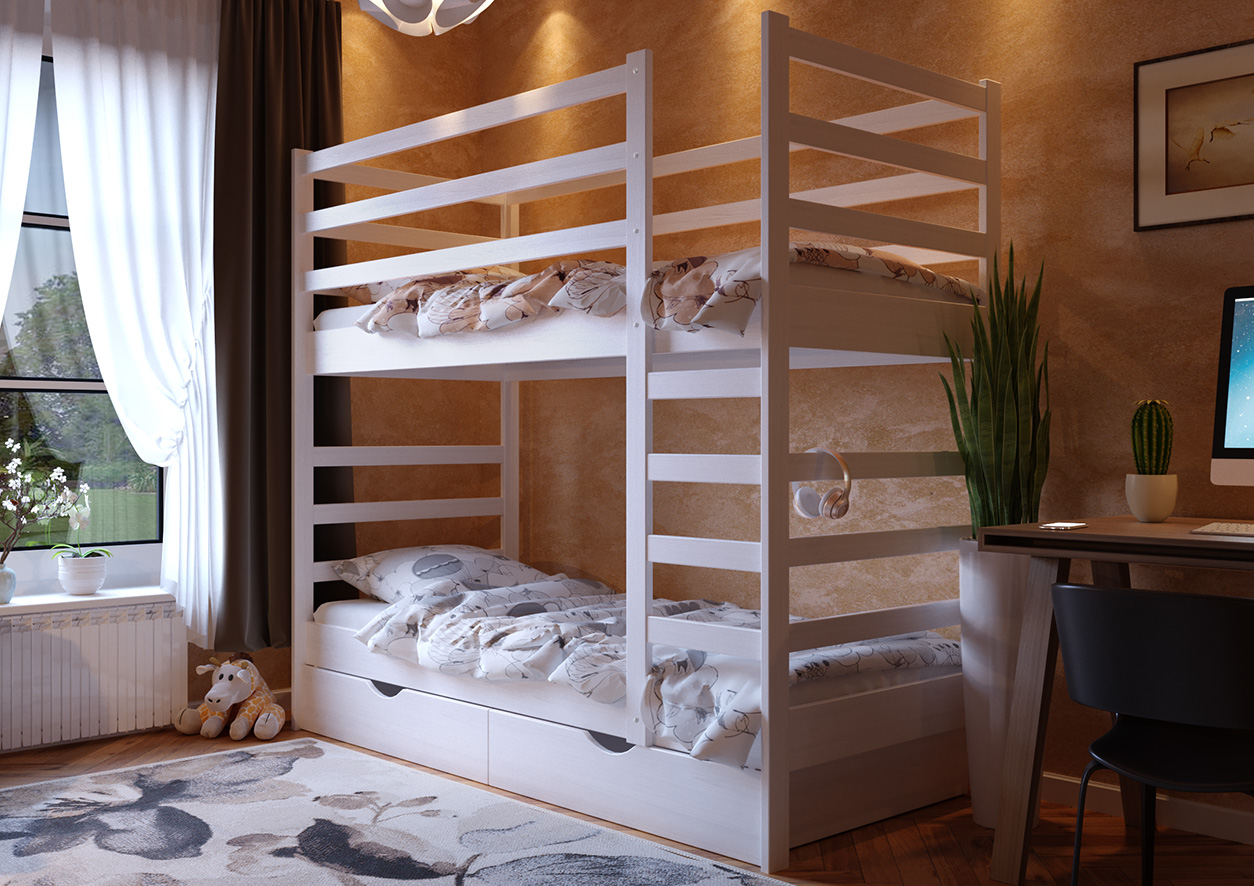 

Детская кровать двухъярусная трансформер деревянная Эля 90x200 ЧДК цвет Белый