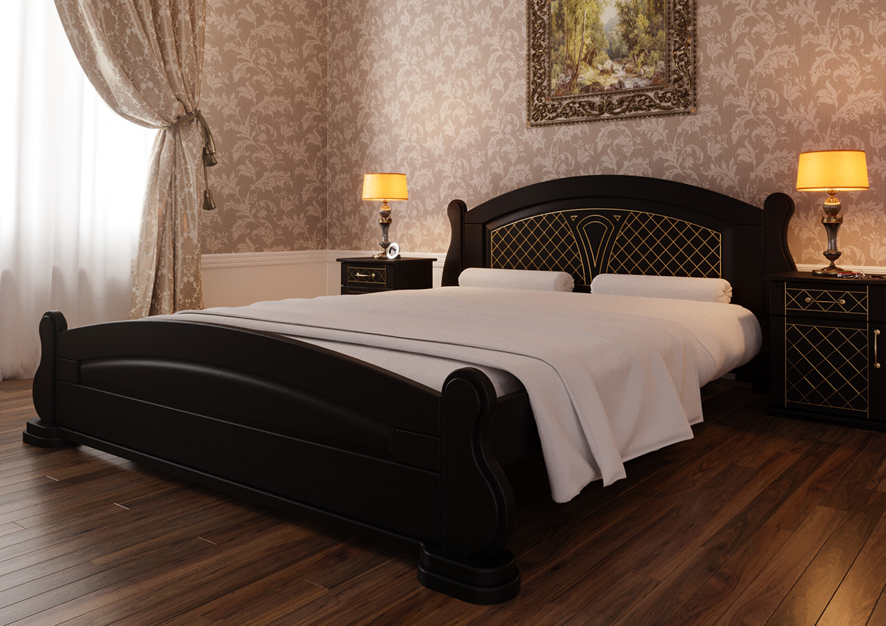 

Кровать двуспальная деревянная Женева из ольхи в спальню 180х200 ЧДК цвет Венге