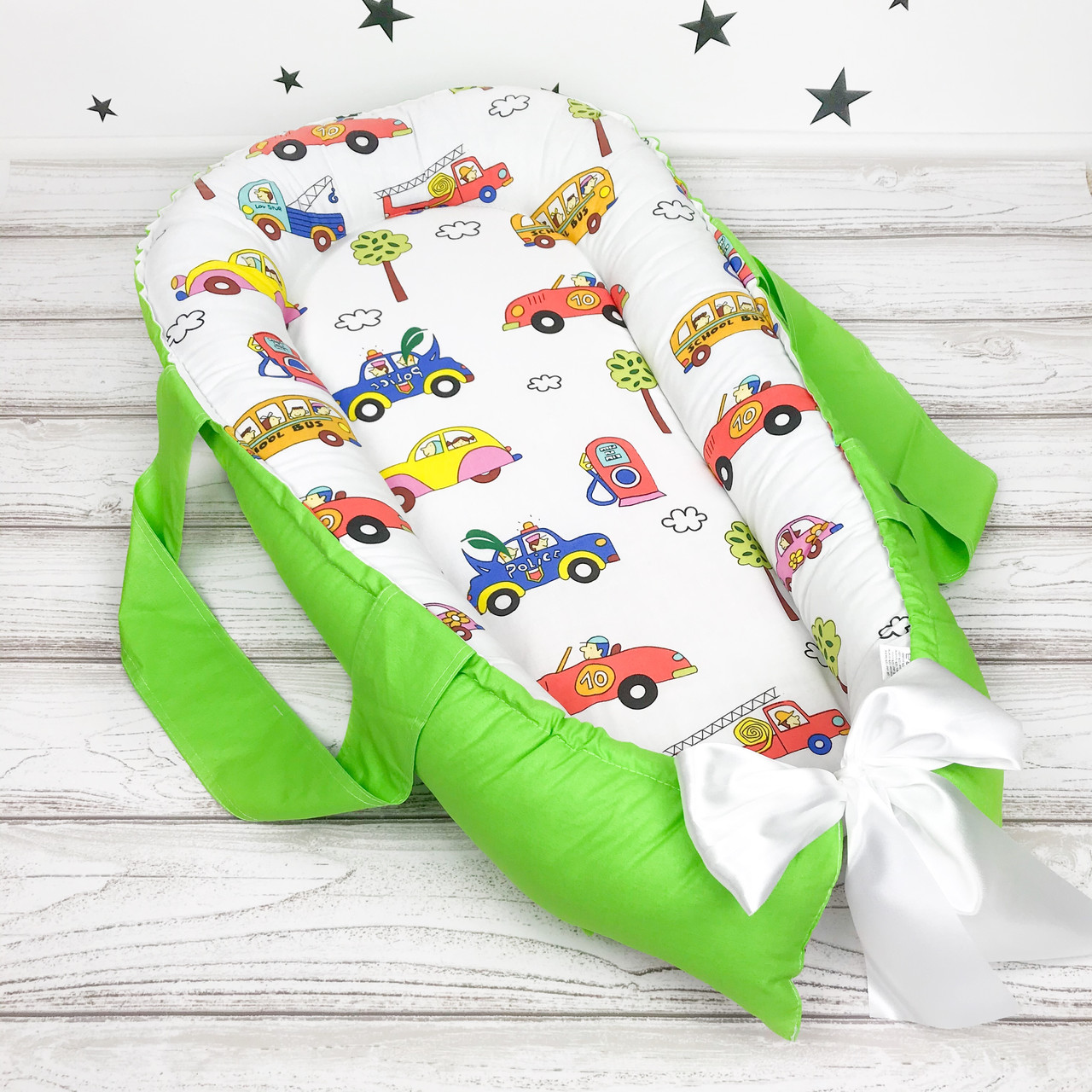 

Кокон для новорожденного с кокосовым матрасиком и ручками Oh My Kids "Машинки"