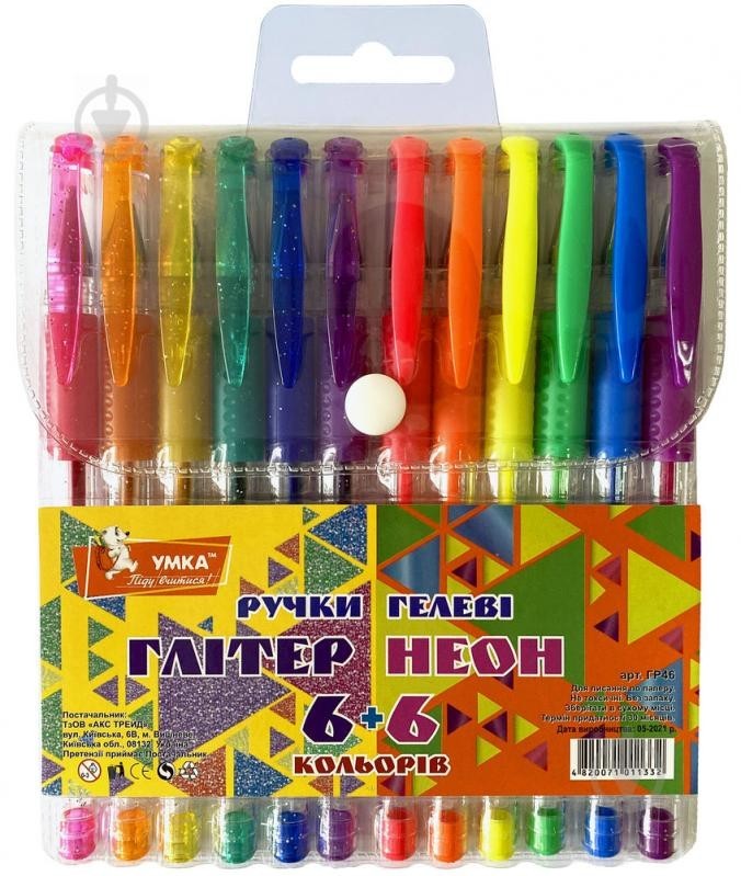 Набір ручок гелевих Умка Glitter 12 кол. (6+6 глітер+неон) - ГР46 ...