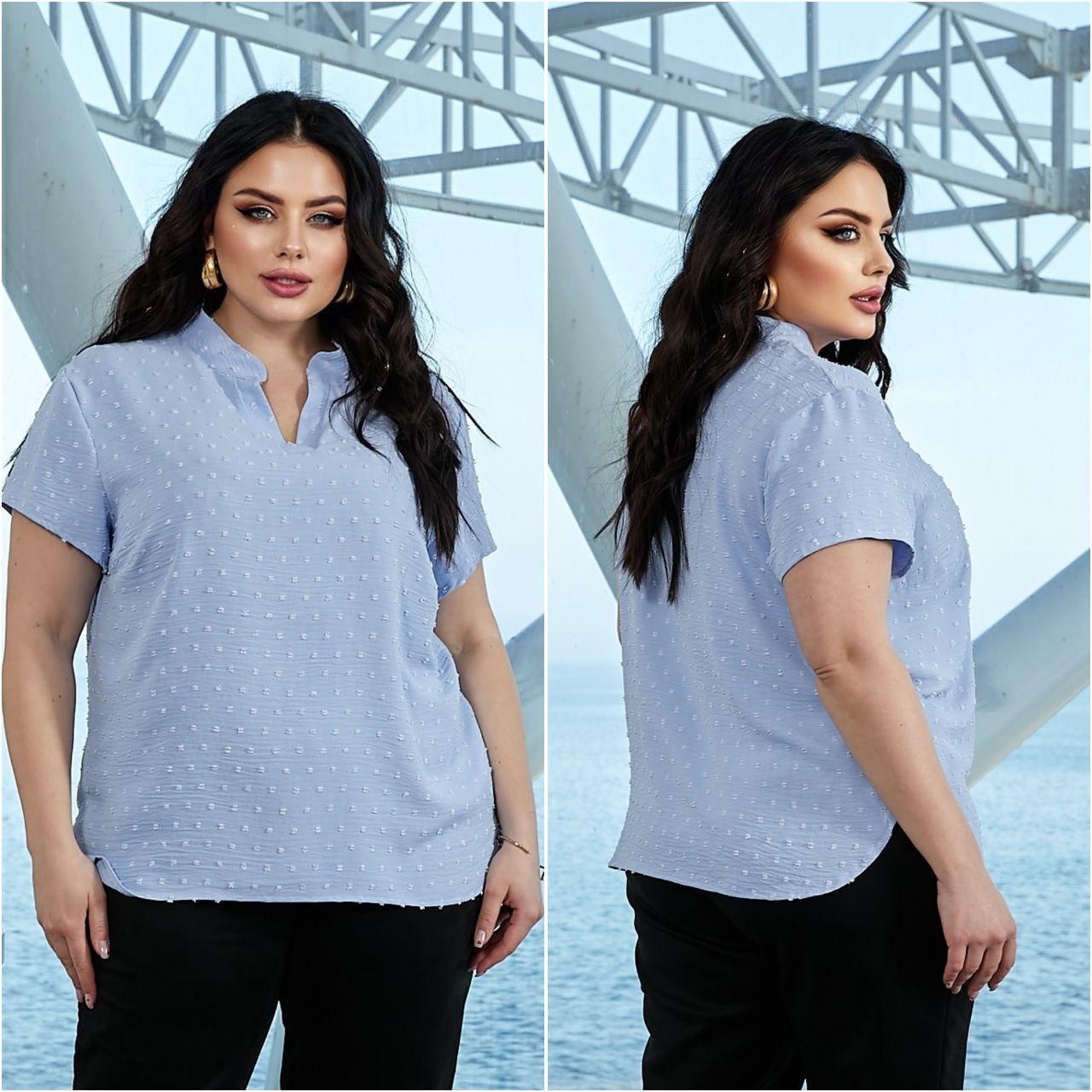 Блуза-футболка из фауткрного крепа, мод МНС - 123, голубой, размер 62 ...