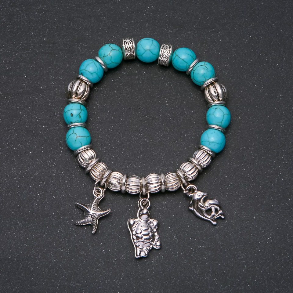 

Браслет бирюзовый с подвесками Черепаха, Дельфиний, обхват 18 см на резинке, ida26175