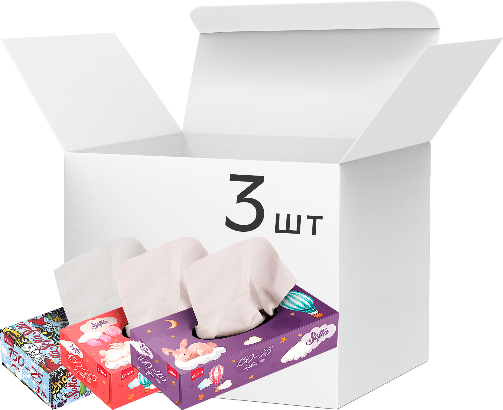 Упаковка косметических салфеток Chisto Softa Микс сухие двухслойные 3 ...