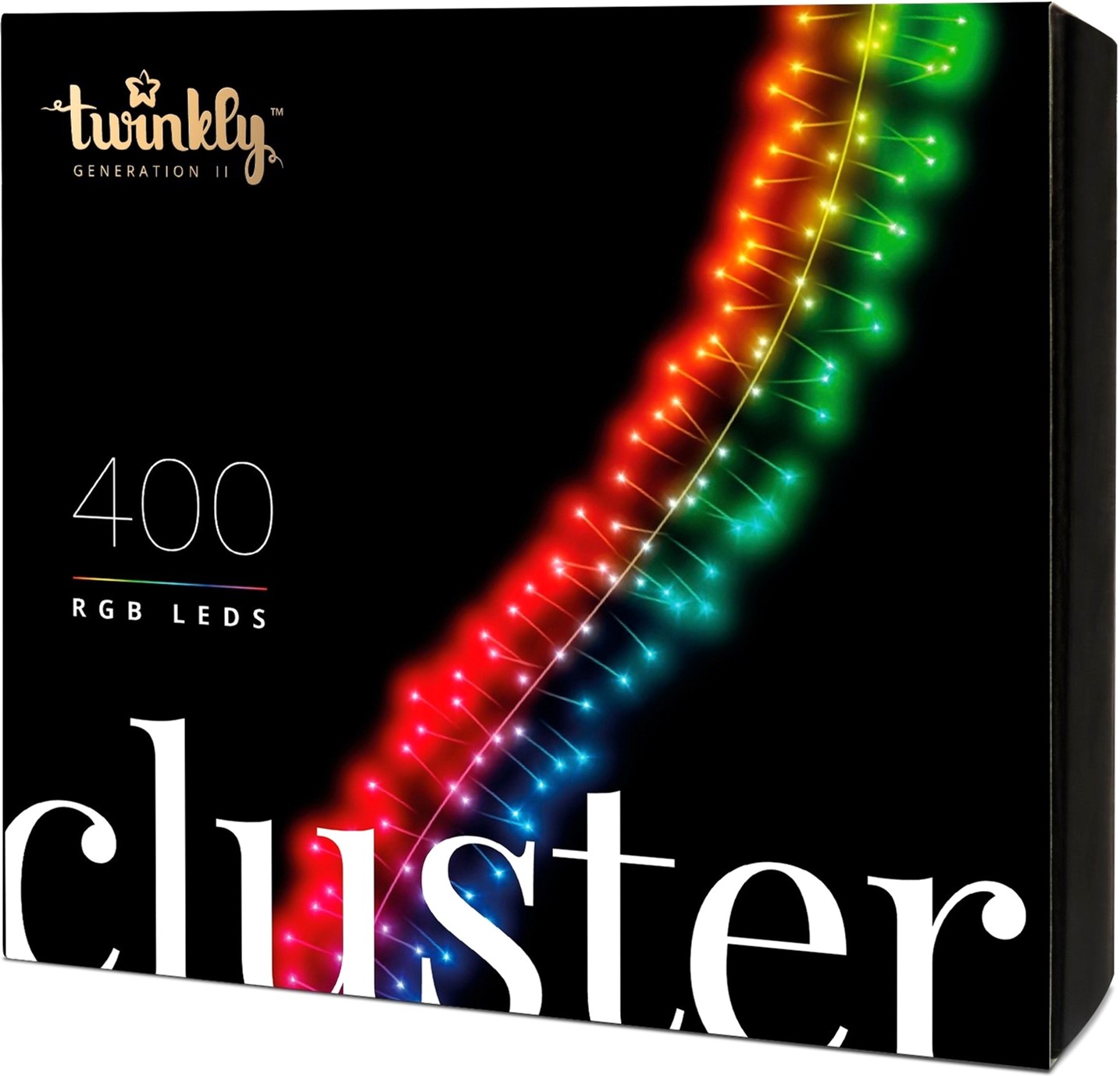 

Светодиодная Smart LED гирлянда Twinkly Cluster RGB 400, BT+WiFi, Gen II, IP44 кабель черный (TWC400STP-BEU)