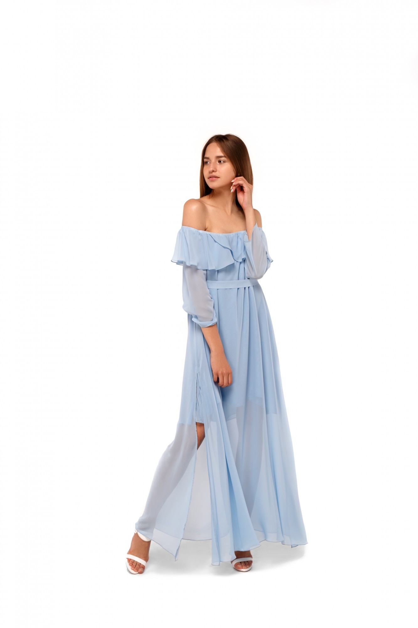 

Платье MISHKI в пол с открытыми плечами XS голубой mi08ss18/1