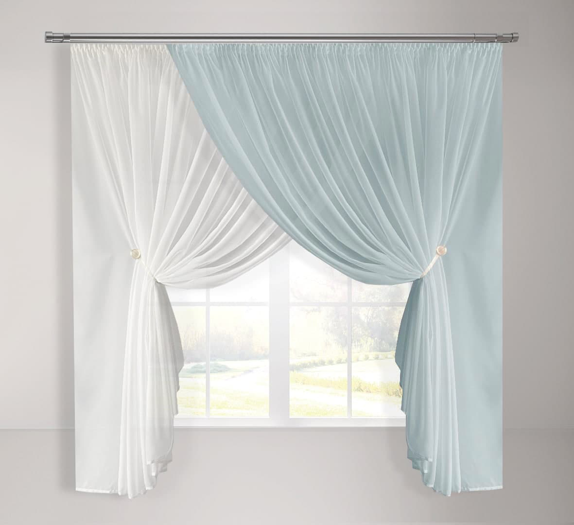 

Кухонная шифоновая занавеска Adagio Windows Decor с пышной сборкой бело-голубая в размере 2,8х1,7м