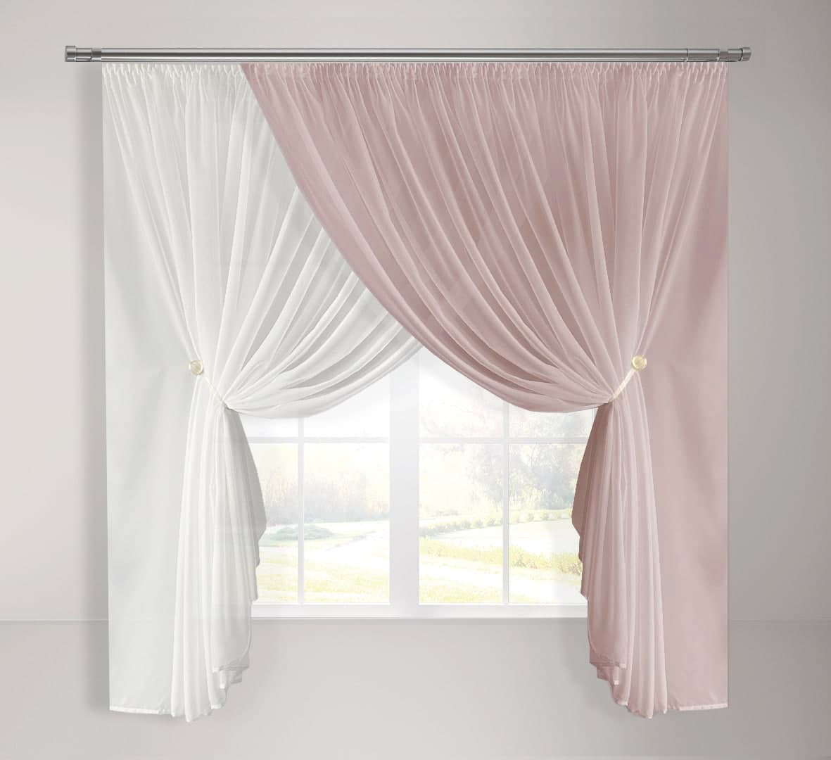 

Кухонная шифоновая занавеска Adagio Windows Decor с пышной сборкой бело-розовая в размере 2,8х1,7м
