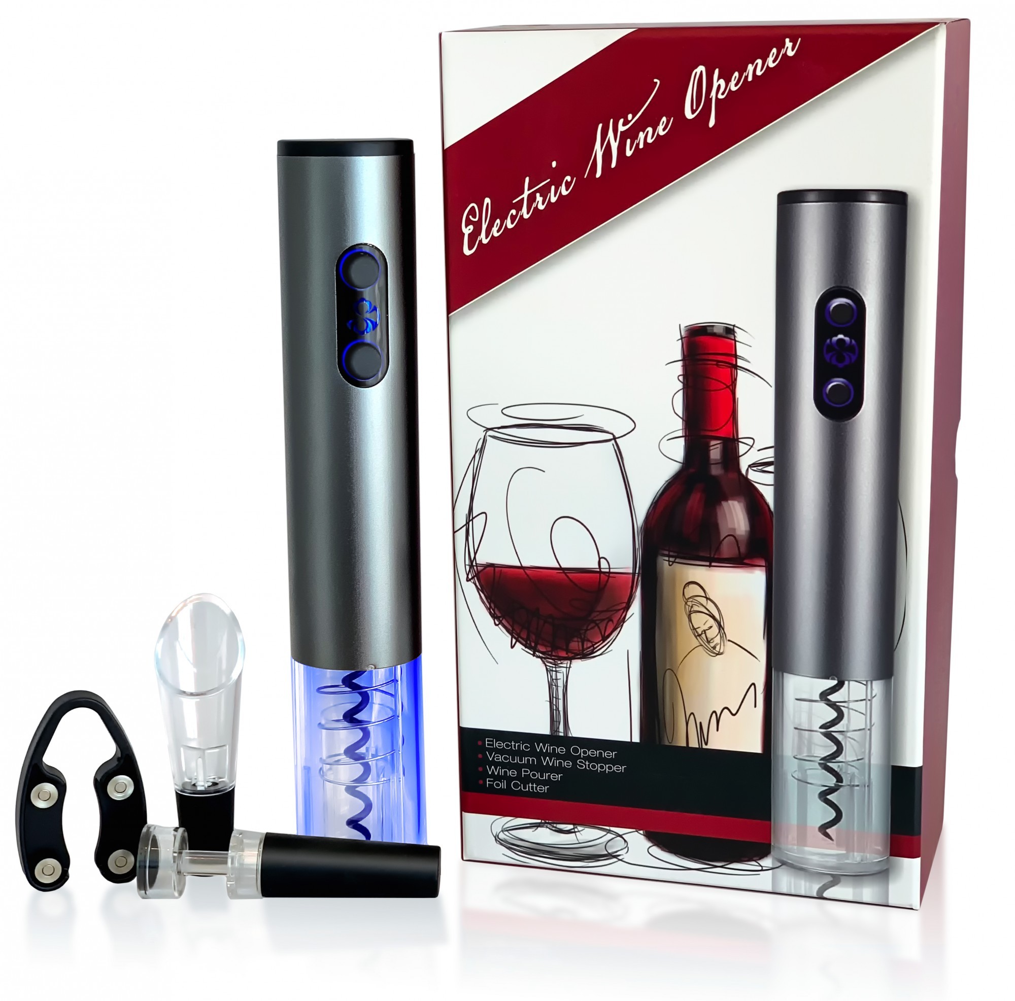 

Электроштопор с аккумуляторами зарядным устройством аксессуарами Electric Wine Opener подарочный набор