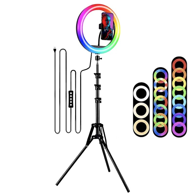 Кольцевая светодиодная LED RGB лампа 26см с штативом 2 метра и ...