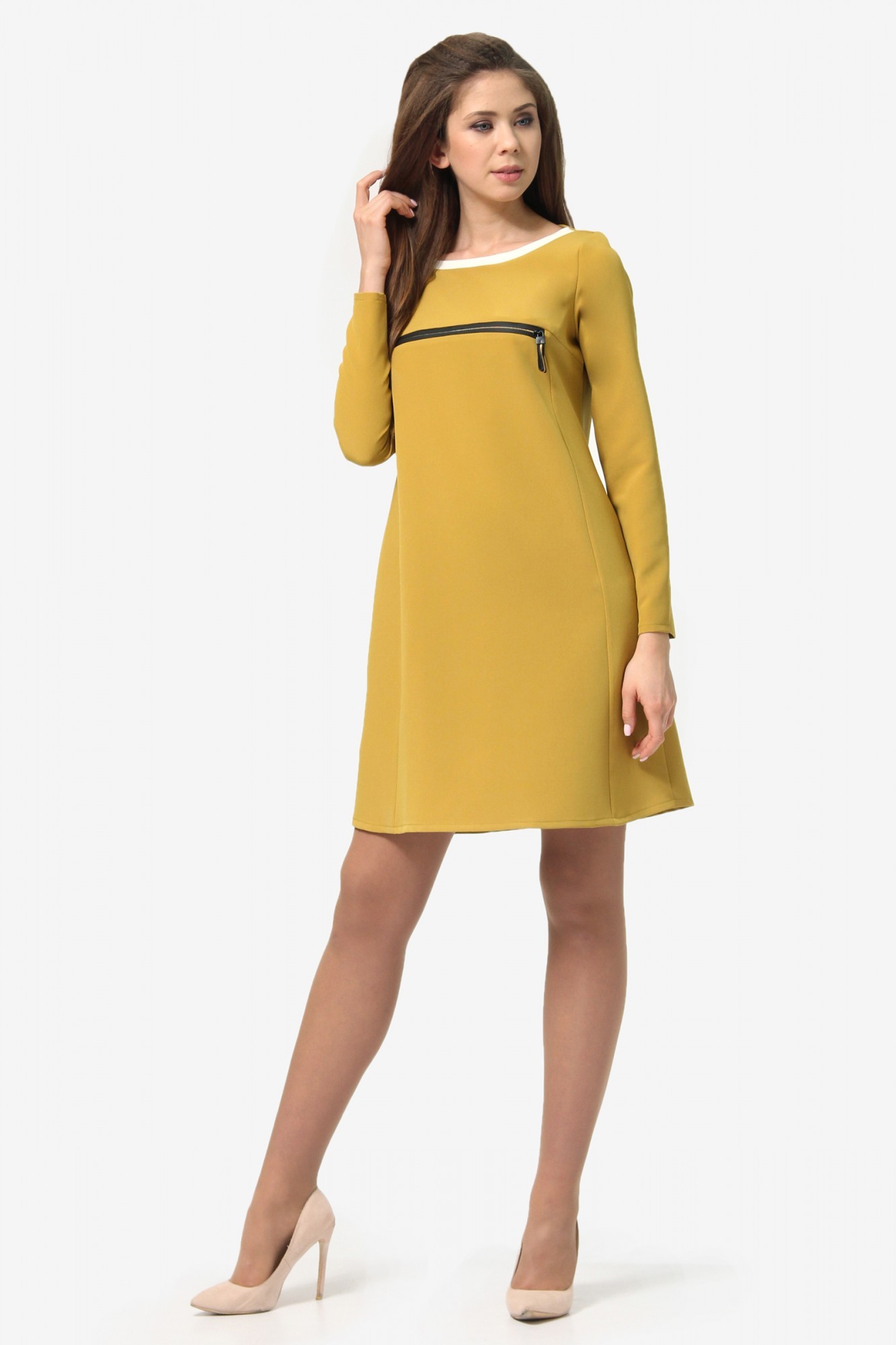 

Короткое платье с длинным рукавом Agata Webers, Дакка горчица + молочный XXL
