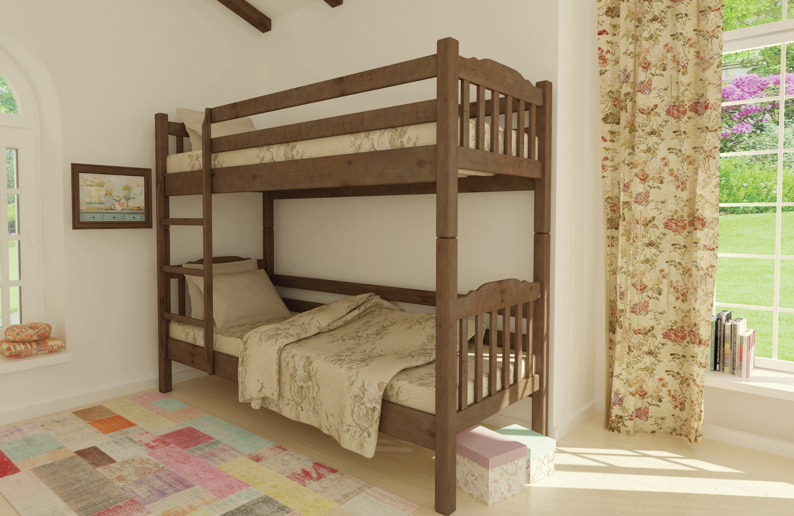 

Кровать двухъярусная детская деревянная из сосны Бай-Бай без ящиков MebiGrand 90x200 цвет Орех светлый