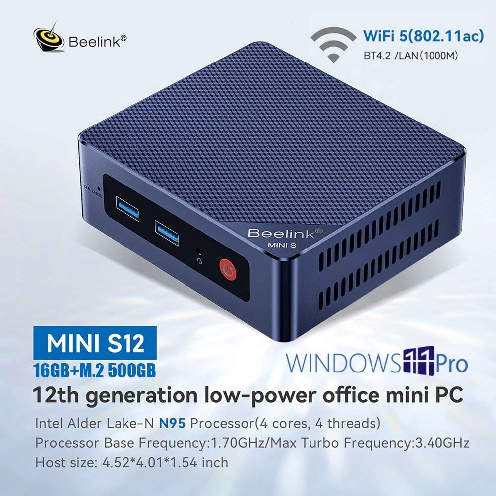 Компьютер Beelink Mini S12 Intel N95 (12th Gen) Windows 11 Pro / RAM 16 Gb  / SSD 500 Gb / Intel UHD Graphics / Wi-Fi / Bluetooth / Мини ПК / Неттоп /