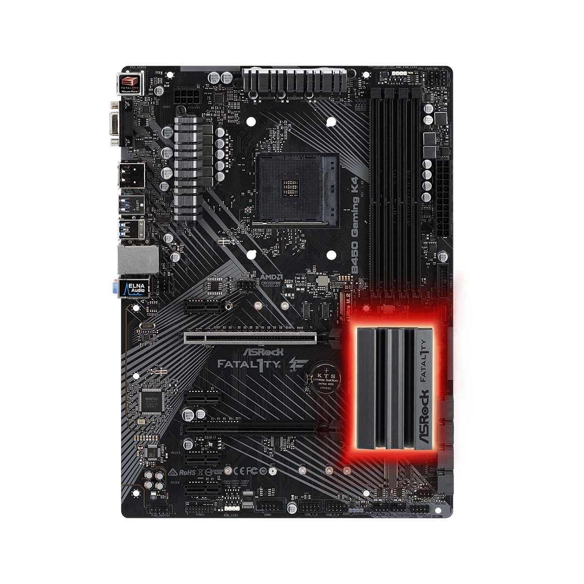 

Материнская плата AM4 (B450) AsRock Fatal1ty B450 Gaming K4, B450, 4xDDR4, CrossFire, Int.Video(CPU), 6xSATA
